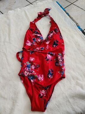 ModCloth Red Floral Halter One-Piece Swimsuit